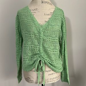 La miel Mint Green Open Knit V Neck Long Sleeves Front Cinch Sweater